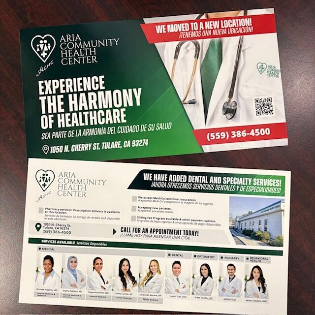 Custom printed informational postcard for Aria Health Centers in Hanford