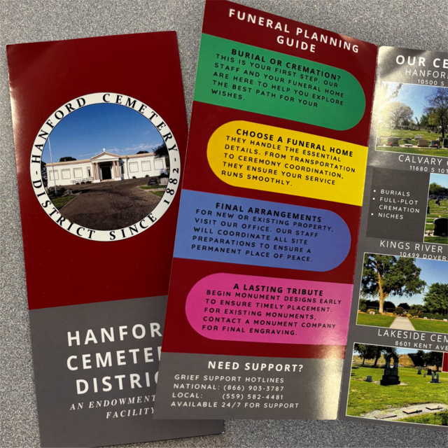 Custom printed marketing brochure for Hanford Cemetery District