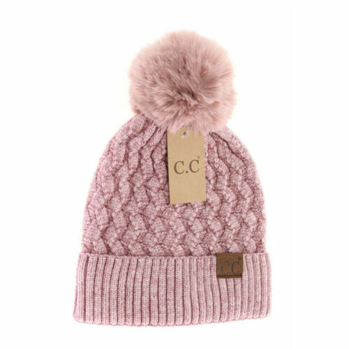 Woven Cable Knit Cuffed Matching Fur Pom C.C Beanie Thumbnail