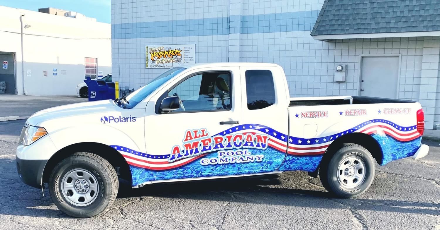 Partial vehicle wrap with decals on pool truck in Lemoore CA